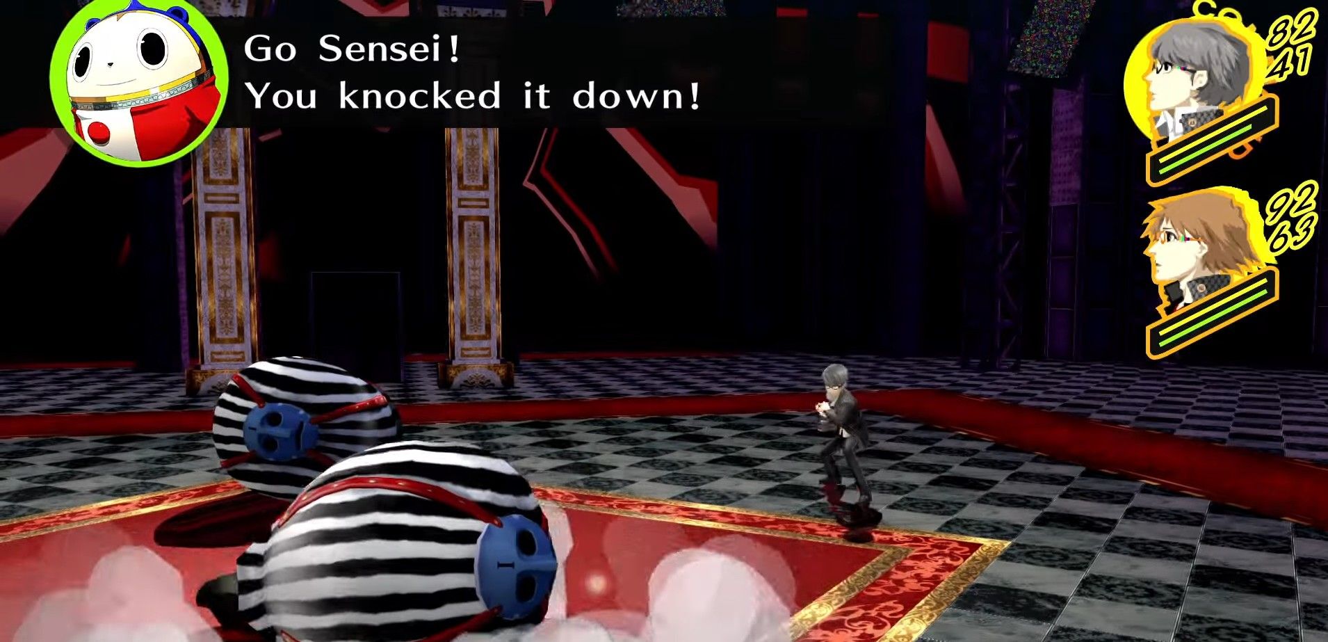 yu knocking down an enemy in yukiko's castle in persona 4 golden