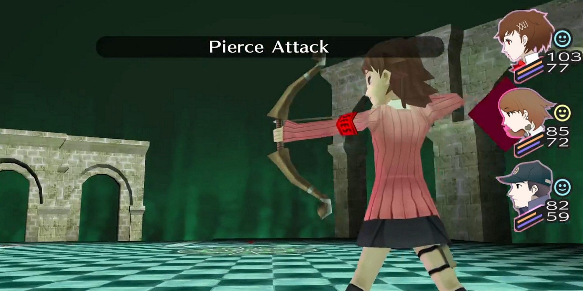 yukari shooting her pierce attack with her bow in persona 3 portable