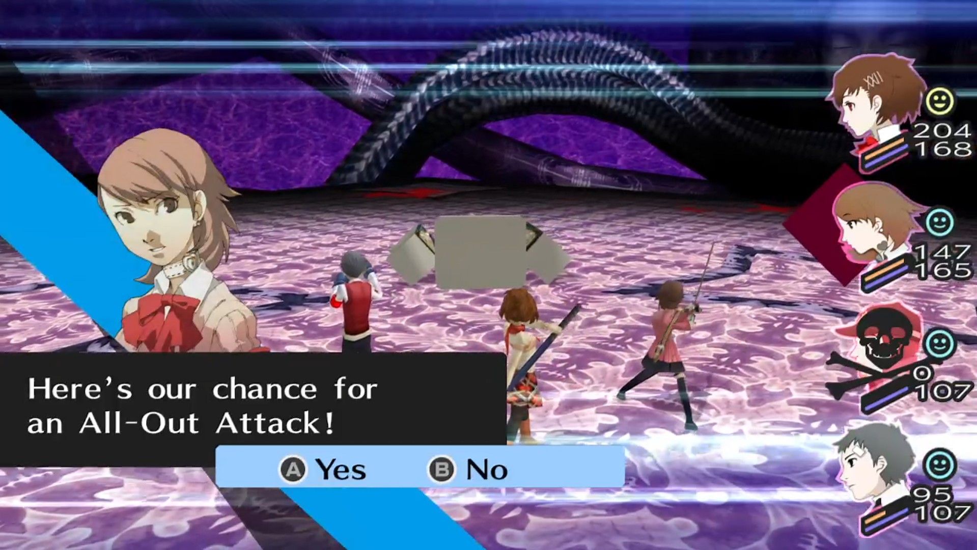 yukari triggering an all-out attack on change relic in persona 3 portable