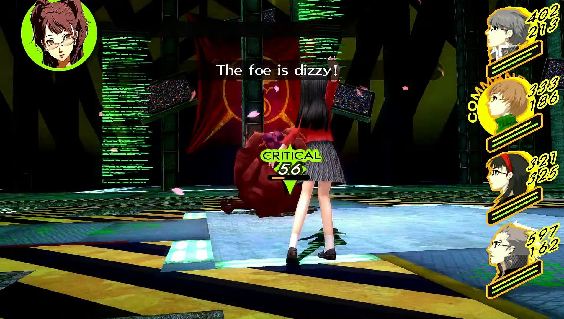 yukiko knocking down a shadow with a critical hit and inflicting dizziness in the secret lab dungeon in p4g