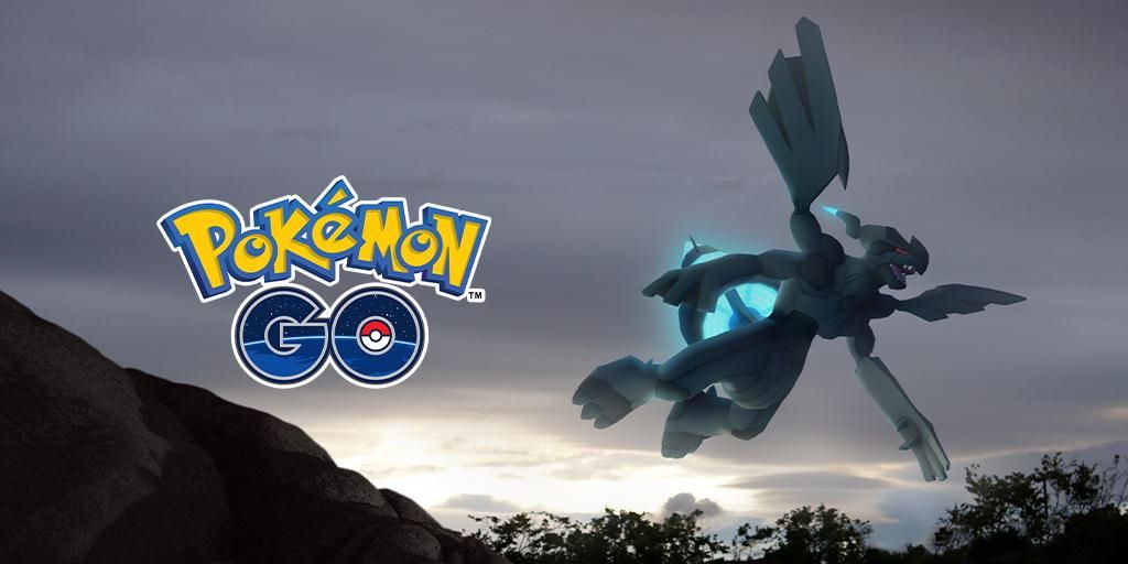 Image of Zekrom flying in the night sky with the Pokemon Go logo on the left