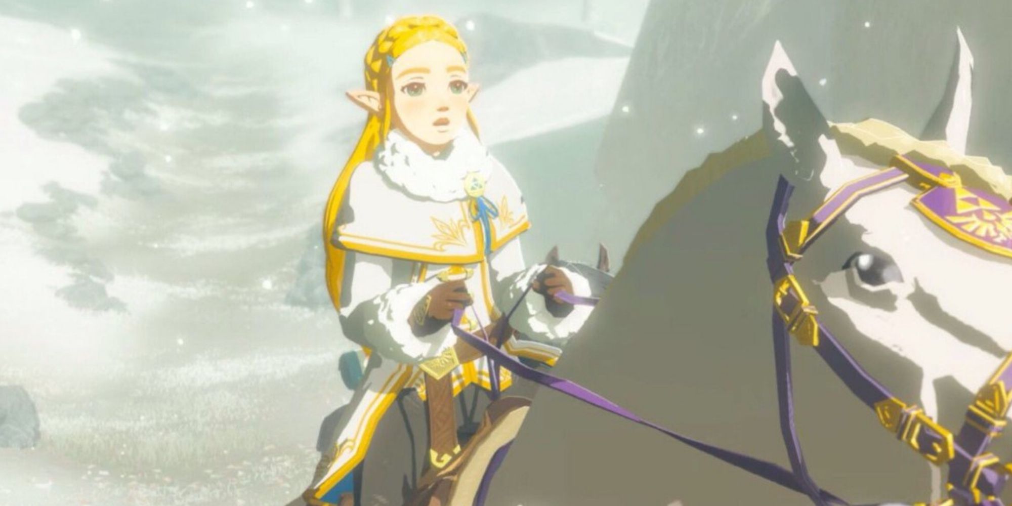 Zelda wearing her winter outfit while riding the white royal horse in Breath of the Wild.