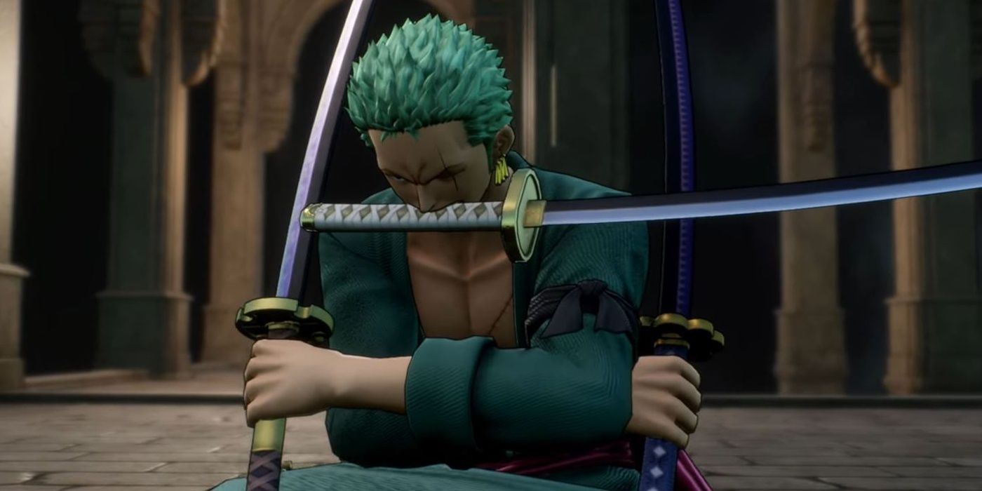 Zoro prepares a slash in One Piece Odyssey