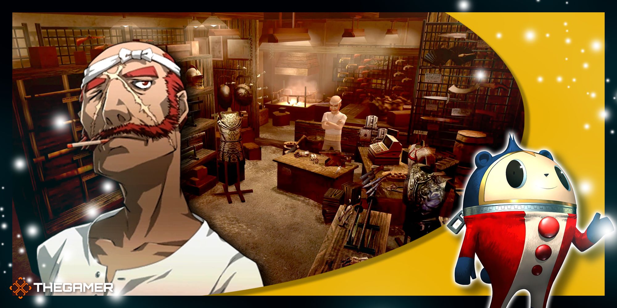 master daidara's sprite overtop of his shop's main room in persona 4 golden with our p4g frame
