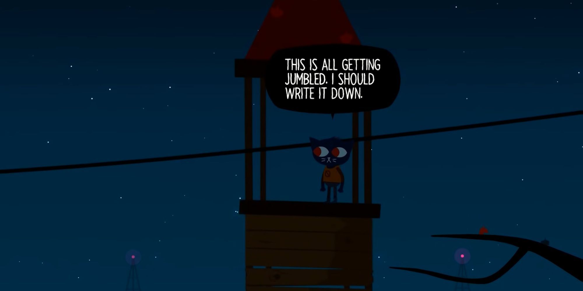 Mae stands atop a tower by a power line at night
