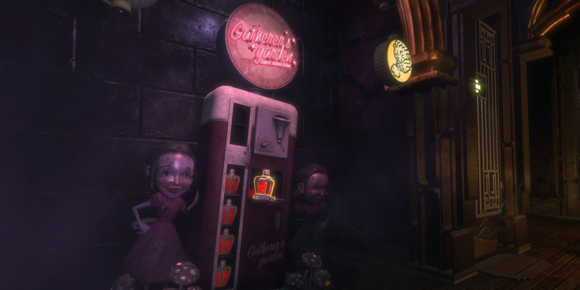 a slightly busted Gatherer's Garden stocked with bottles of ADAM in BioShock Remastered