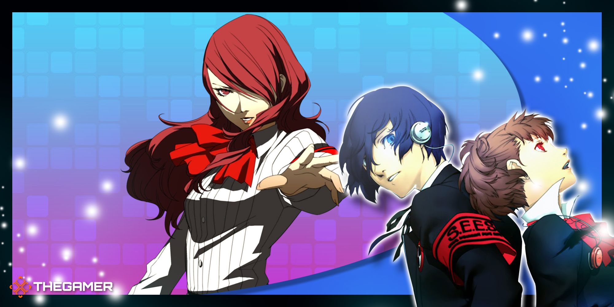 mitsuru kiriko on a blue and purple gradient background with the male and female protagonists of persona 3 portable