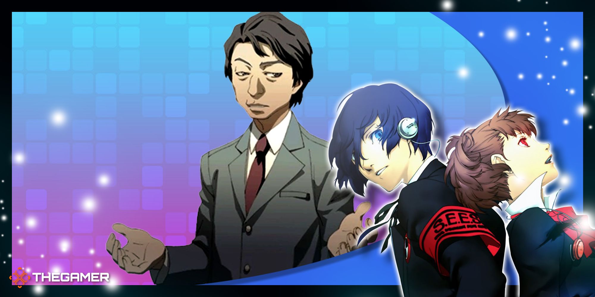 president tanaka on a gradient background with the two protagonists from persona 3 portable