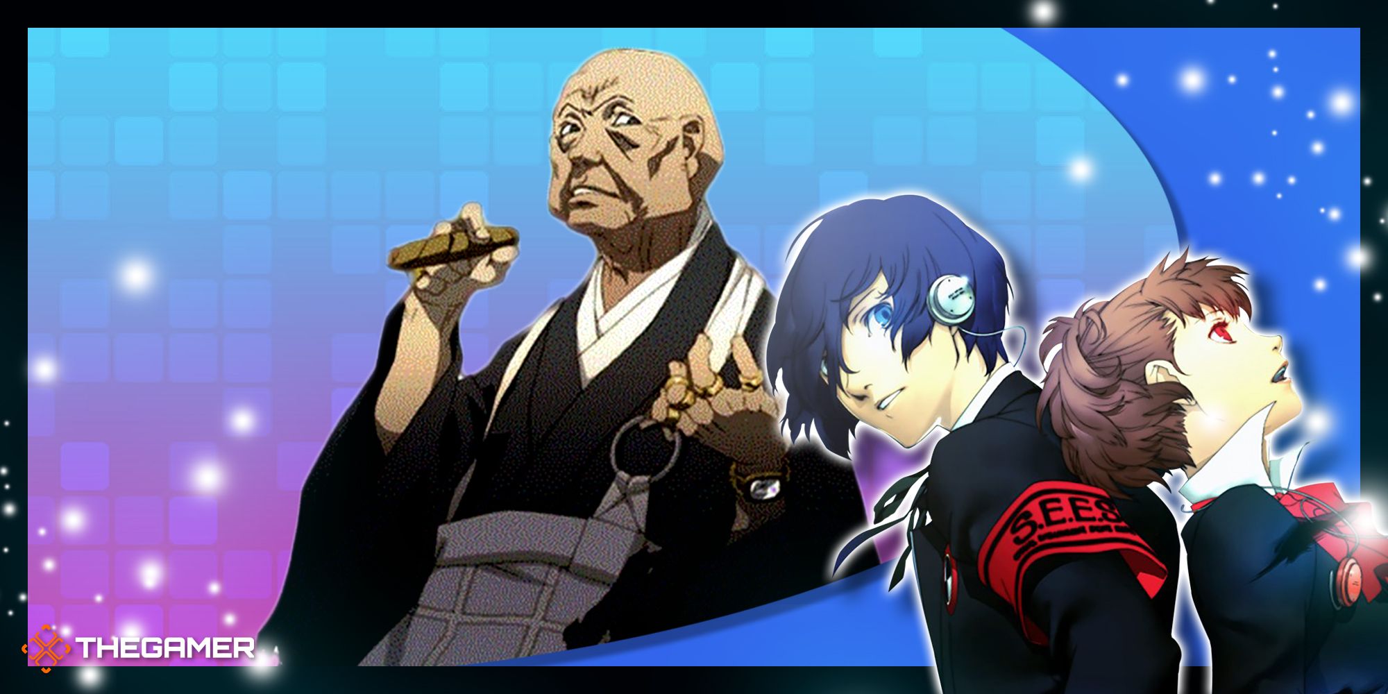 mutatsu the monk on a purple and blue background with the two protagonists of persona 3 portable