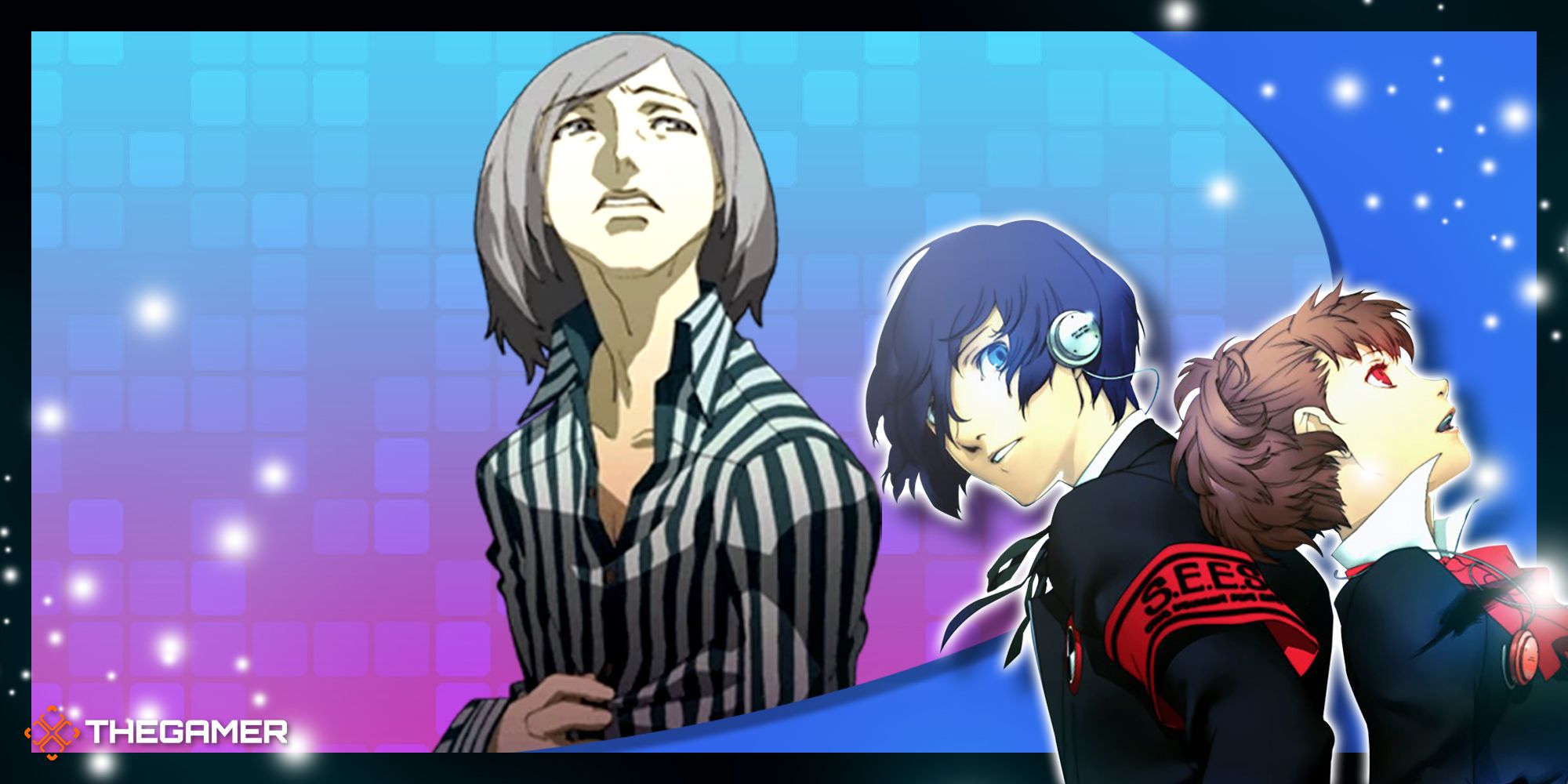akinari kamiki on a blue and purple background with the two protagonists of persona 3 portable