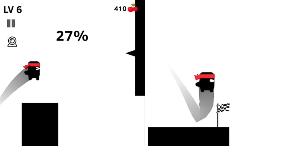 left: hero jumps up on platform at 27% completion; right: hero reaches finish line