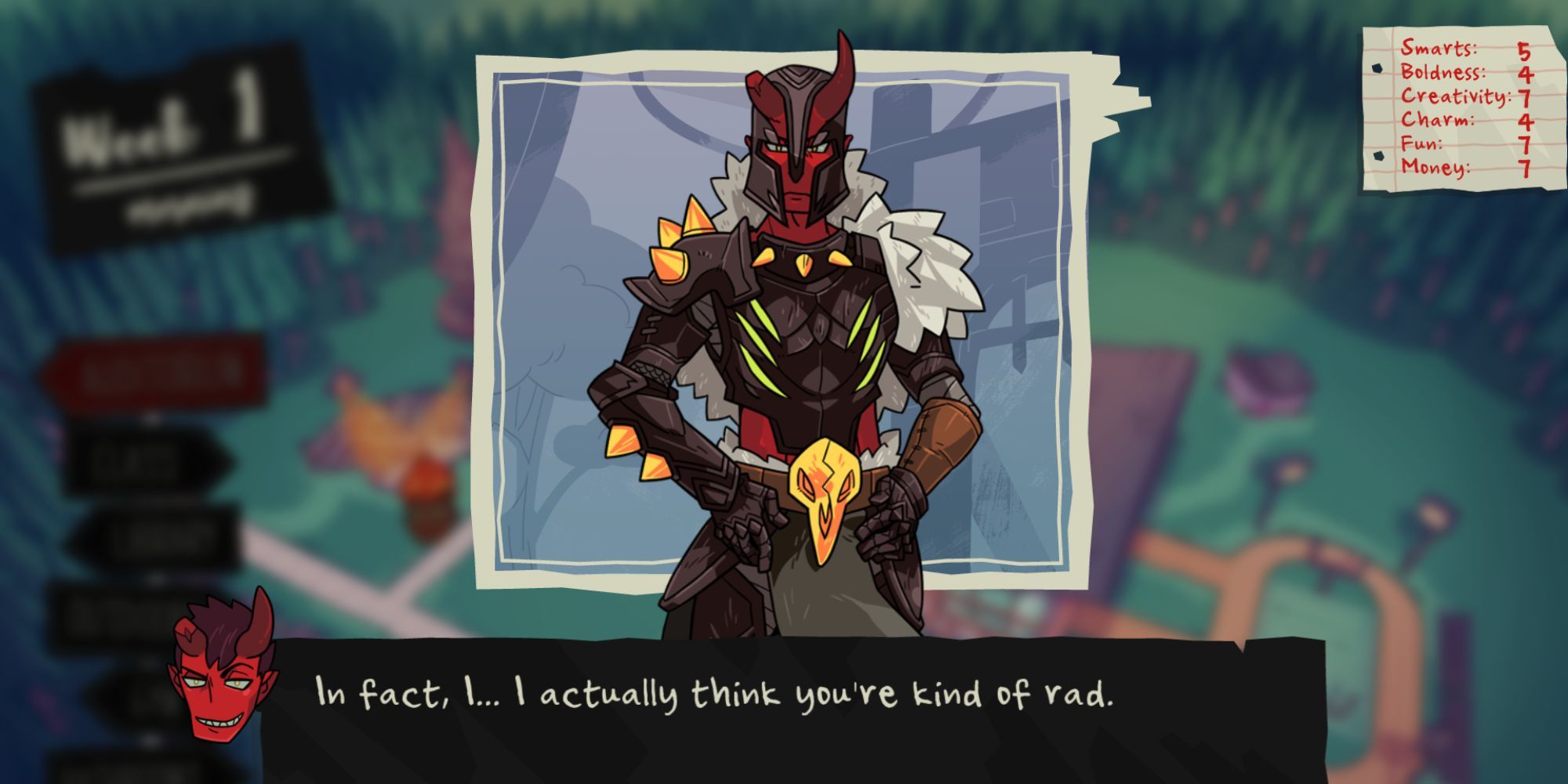 Damien, clad in armor, tells the player that they're rad