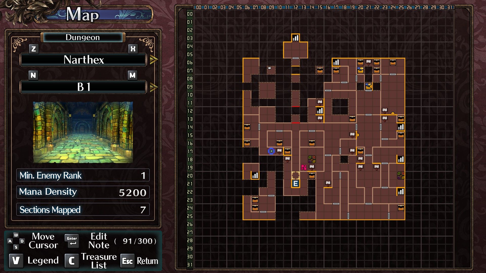 A map of Narthex B1 with all the chest locations in Labyrinth Of Galleria: The Moon Society.