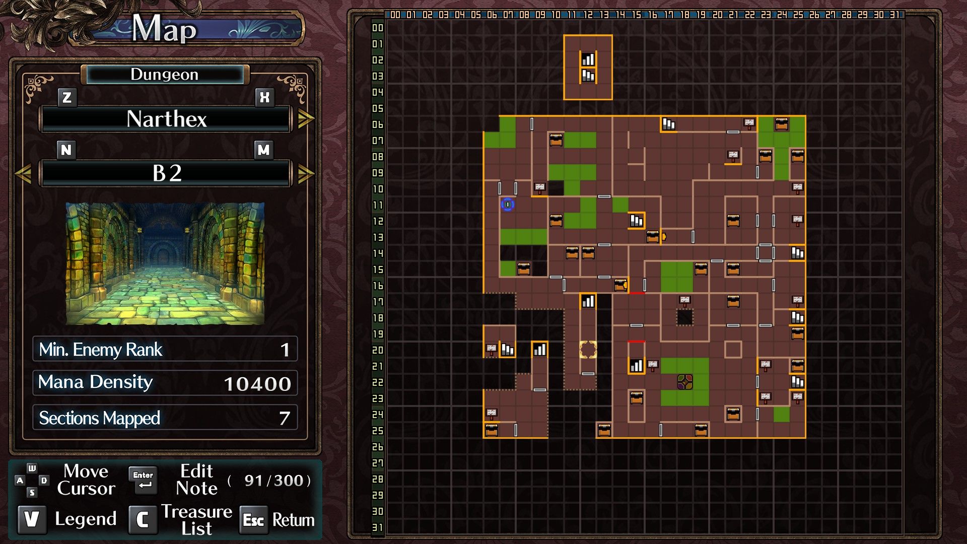 A map of Narthex B2 with all the chest locations in Labyrinth Of Galleria: The Moon Society.