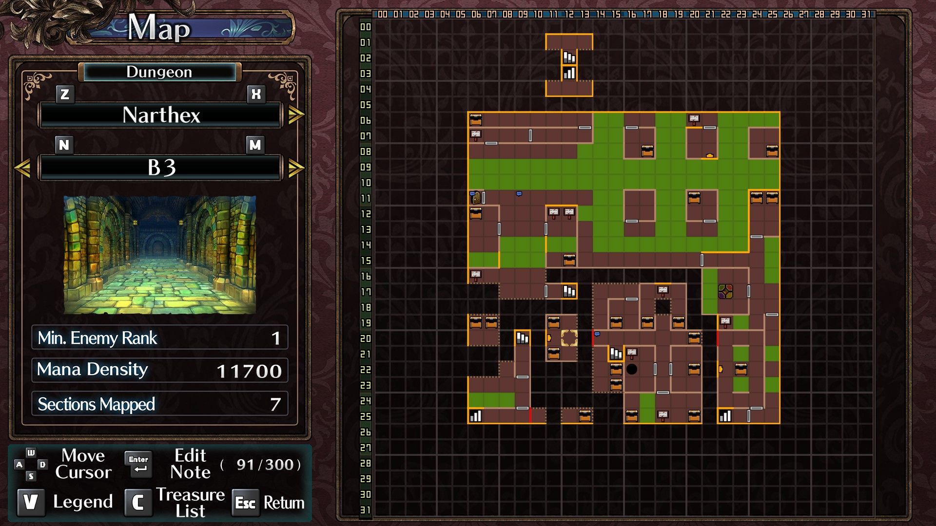 A map of Narthex B3 with all the chest in Labyrinth Of Galleria: The Moon Society.