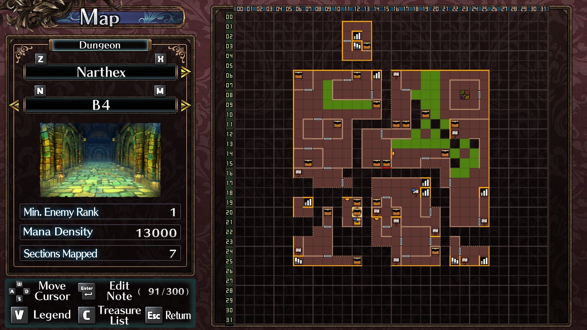 A map of Narthex B2 and al the chest in Labyrinth  Of Galleria: The Moon Society.