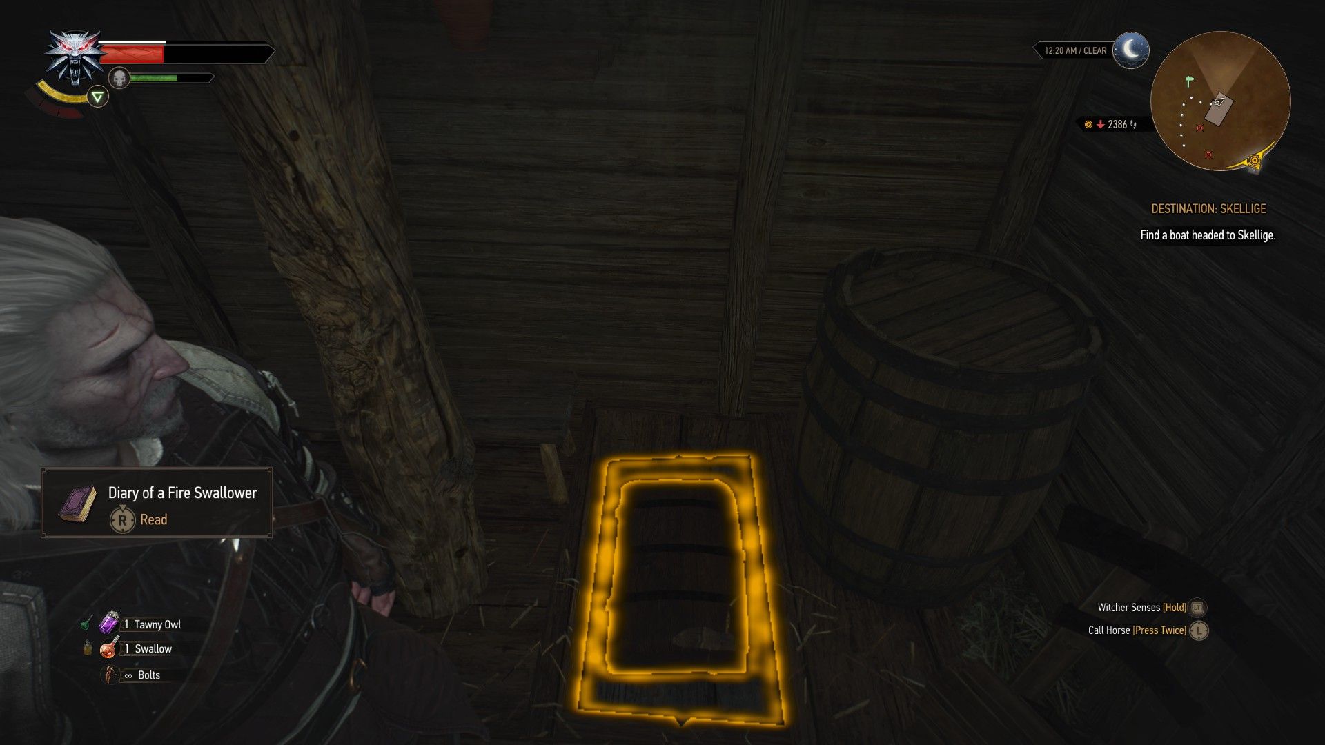 A screenshot of a chest&rsquo;s location in the Witcher 3, outlined in yellow.