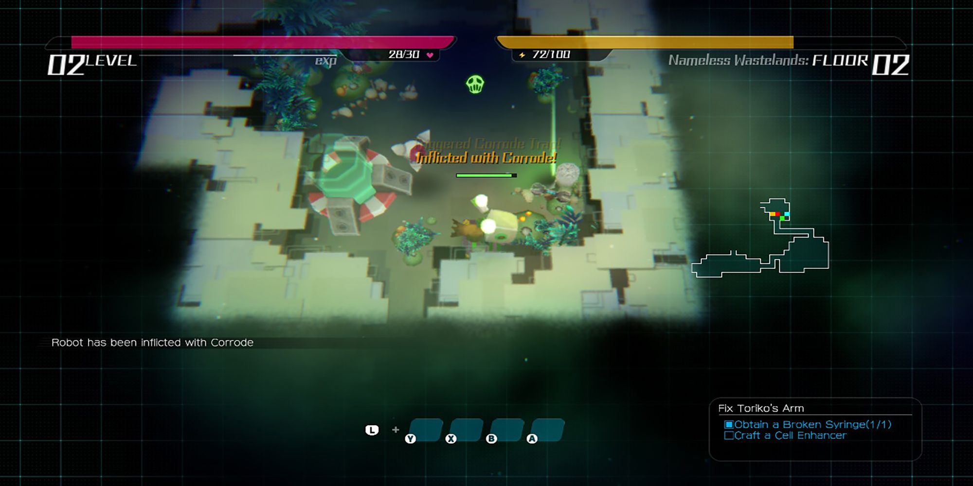 Robbie gets inflicted with Corrosion due to a trap near a Floor Portal in Void Terrarium 2.
