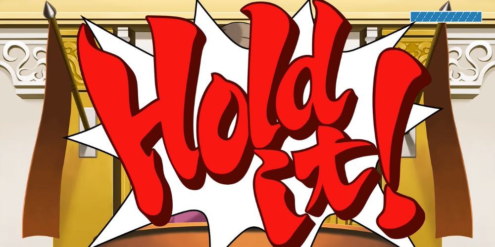 Large speech bubble saying "Hold It!" pops up in front of witness as part of Phoenix Wright's ability to interrupt court room proceedings