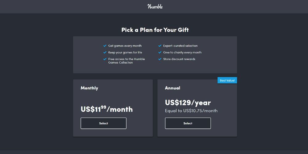 Monthly and Annual plans for Humble Choice on offer as a giftable subcription