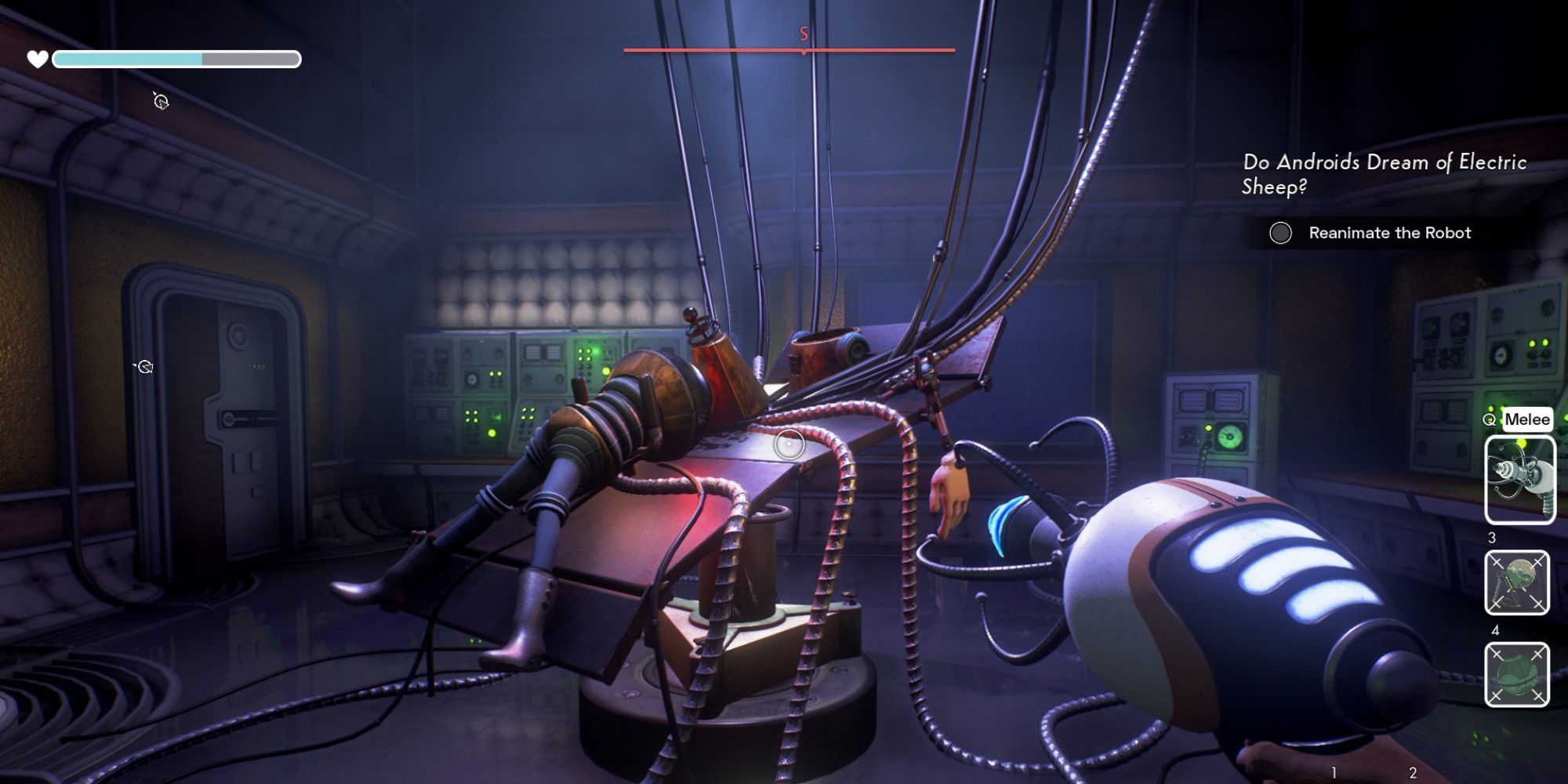 During a DLC mission, a dismantled robot lies on an operating table, with Roger equipping a ray gun