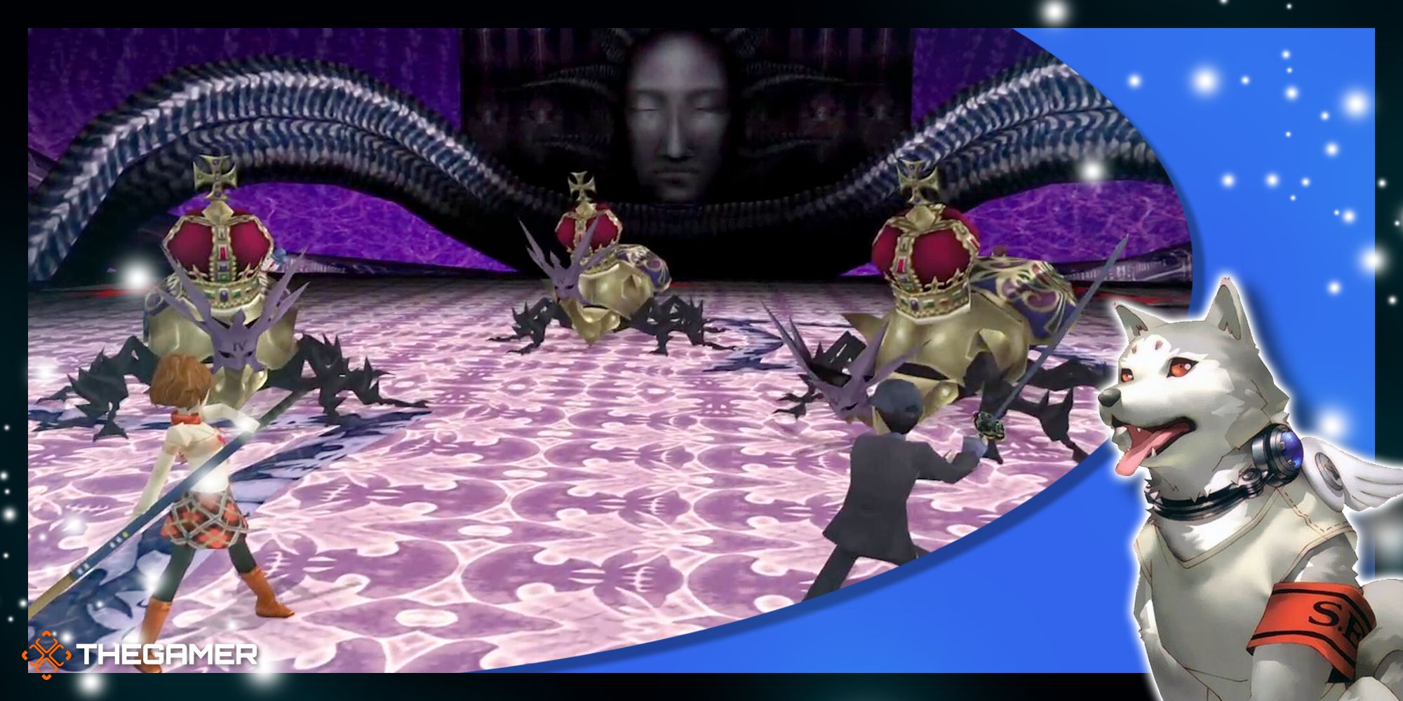 the female protagonist and junpei about to battle the golden beetle tartarus guardian shadows in persona 3 portable