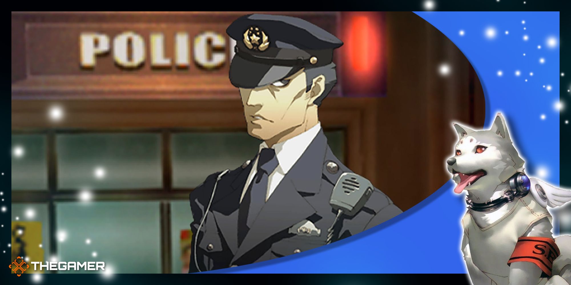 officer kurosawa in front of the police station with our persona 3 portable frame with koromaru