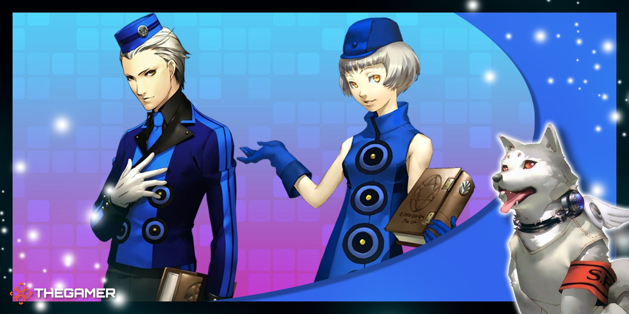 theodore and elizabeth on a blue and purple gradient background with koromaru in our persona 3 portable frame