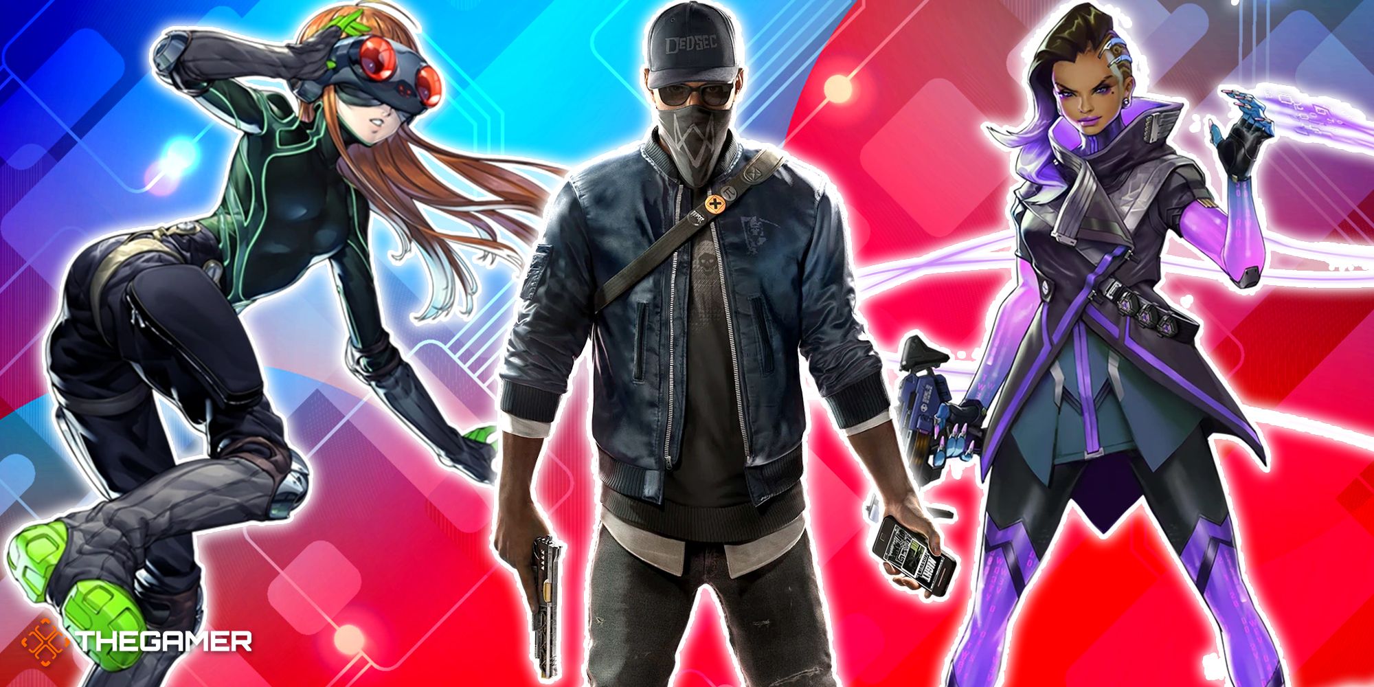Game art from Watch Dogs 2, Overwatch and Persona 5.