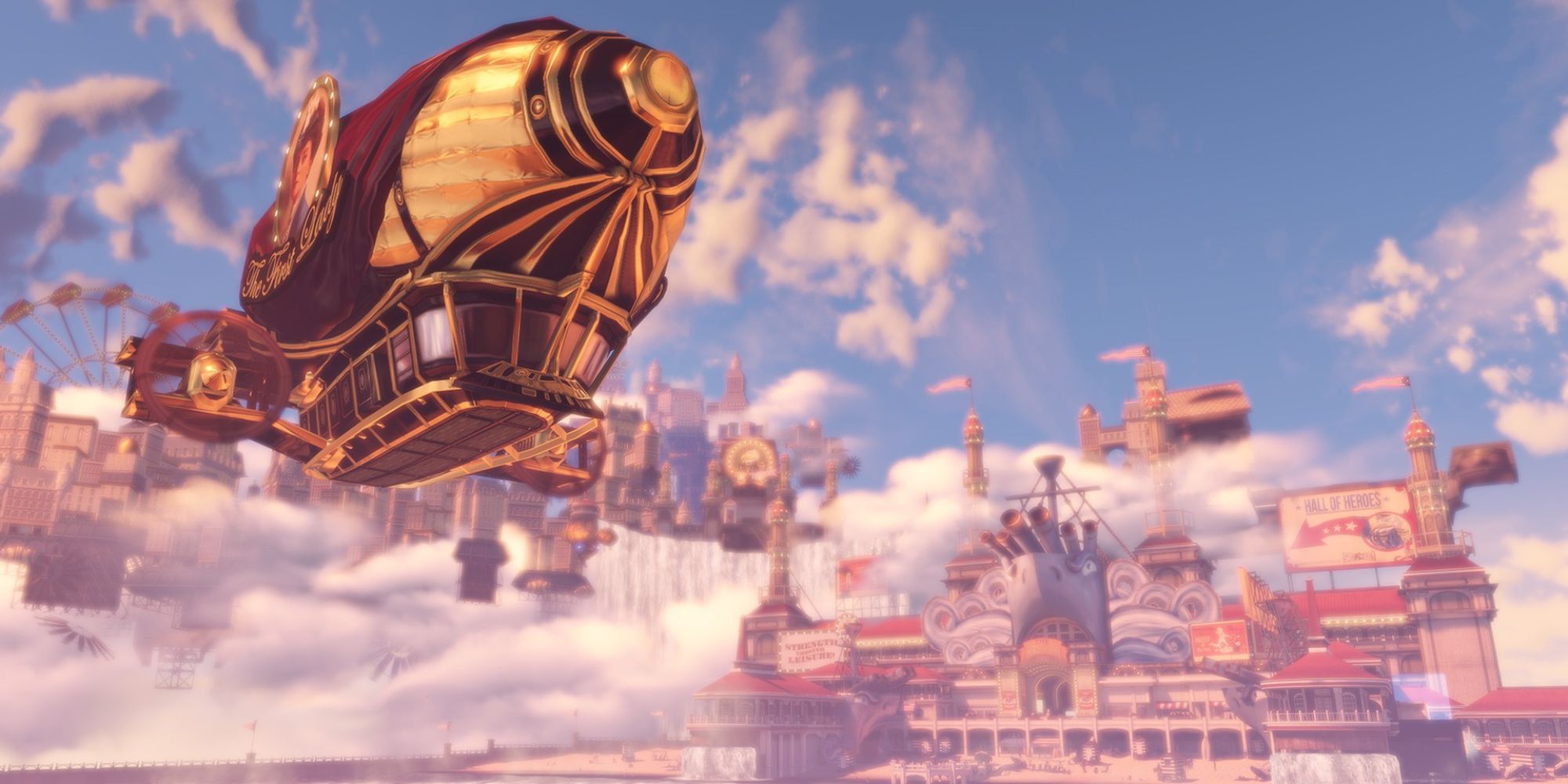 a gold and red airship passes by Columbia in the clouds