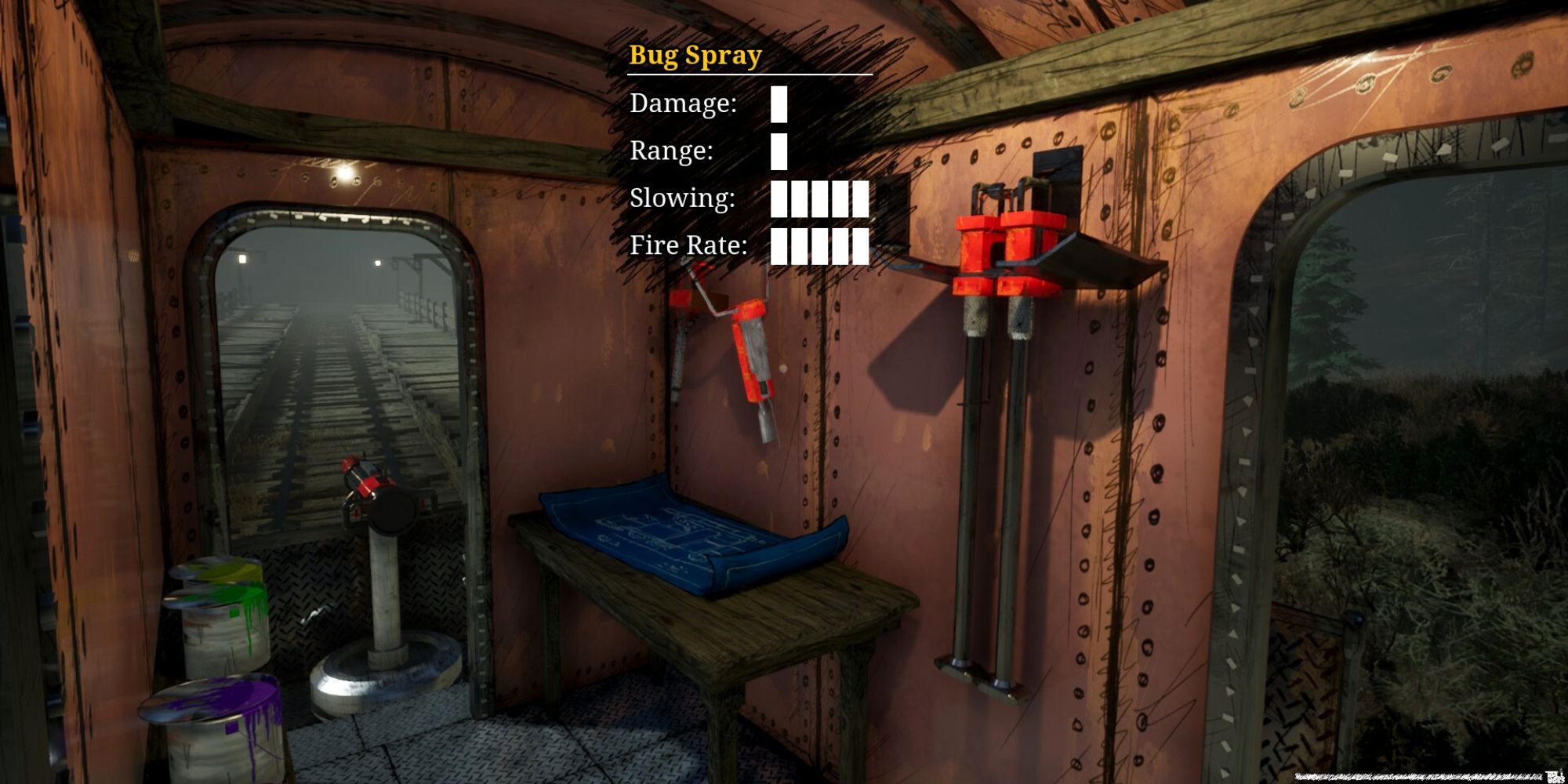 The inside of the player train, with weapons hung up on the wall, paint cans on a shelf, blueprints on a table, and the Bug Spray gun stats displayed