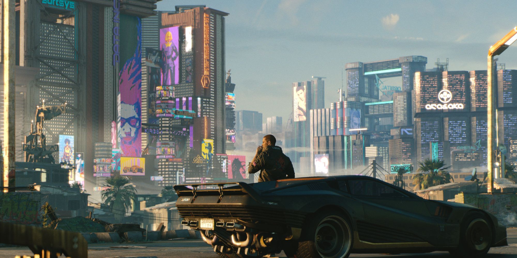 player in foreground with vehicle parked, in front of a view of Night City's towering buildings