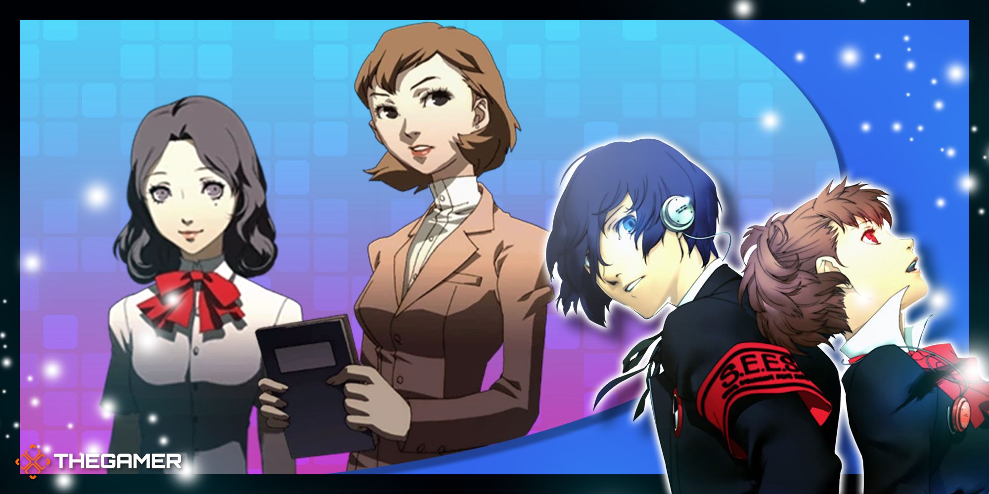 saori and maya with the male and female protagonists of persona 3 portable