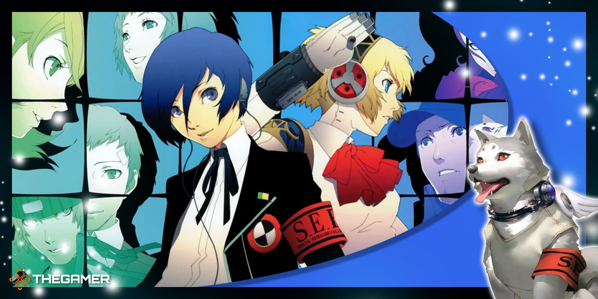 the male protagonist and aegis over a graphic of the other SEES team members in persona 3 portable with our p3p frame