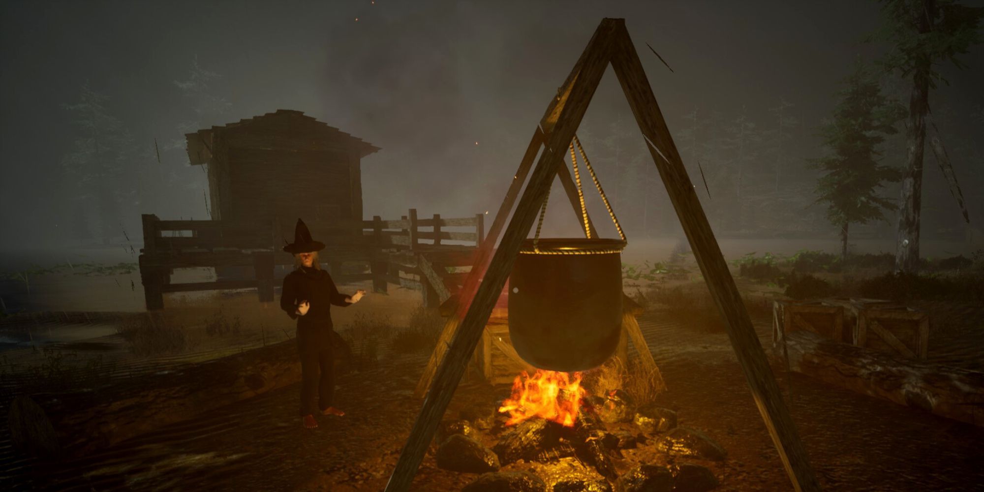 Lizbeth Murkwater warming her hands by the fire from a large cauldron, near a house by the swamp