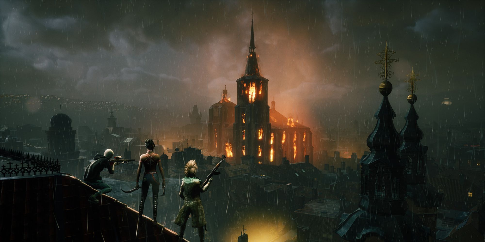 a crew of three vampires stand over the edge of a building as a tower burns in the distance
