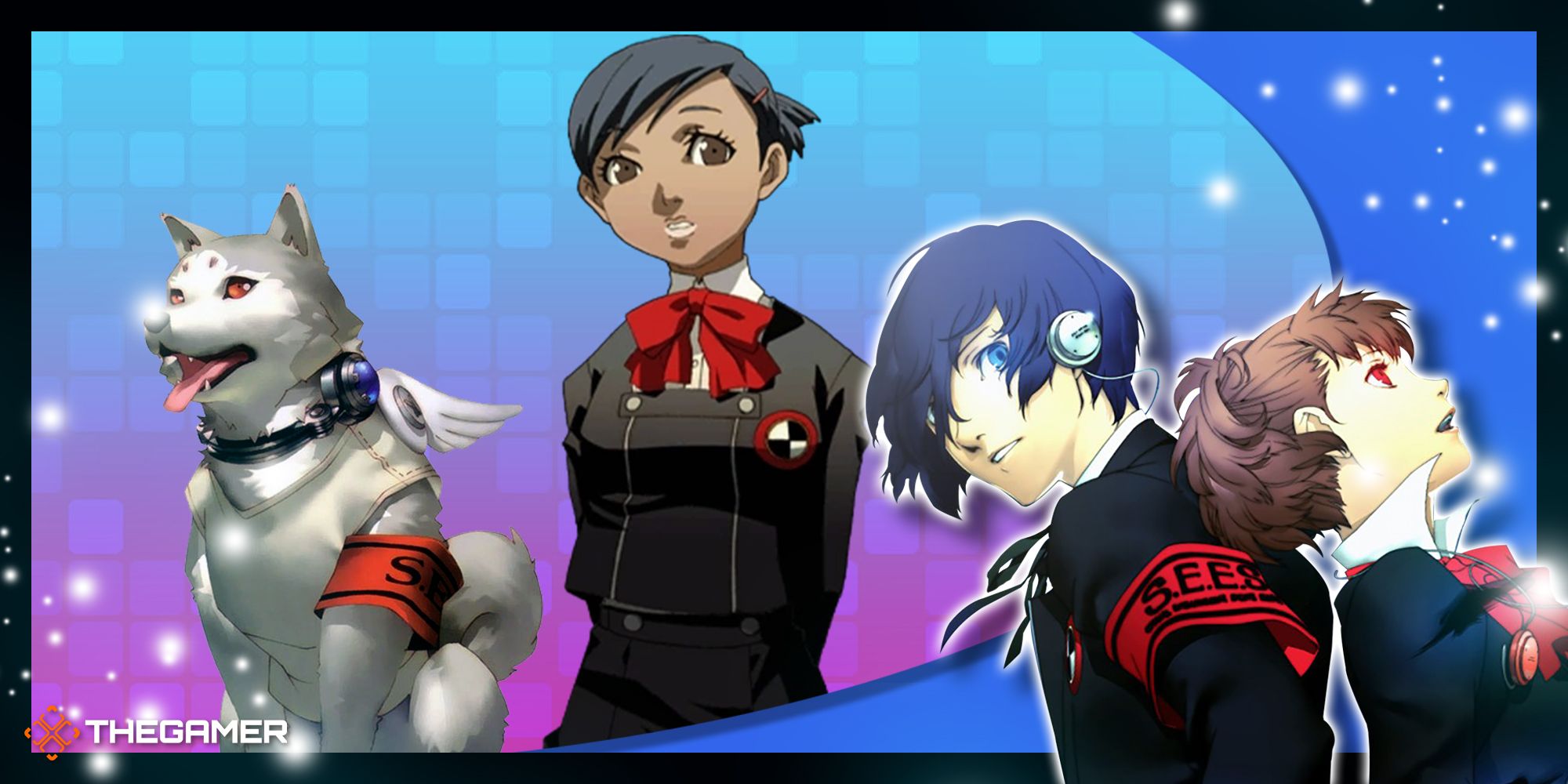 yuko and koromaru on a blue and purple background with the two protagonists of persona 3 portable