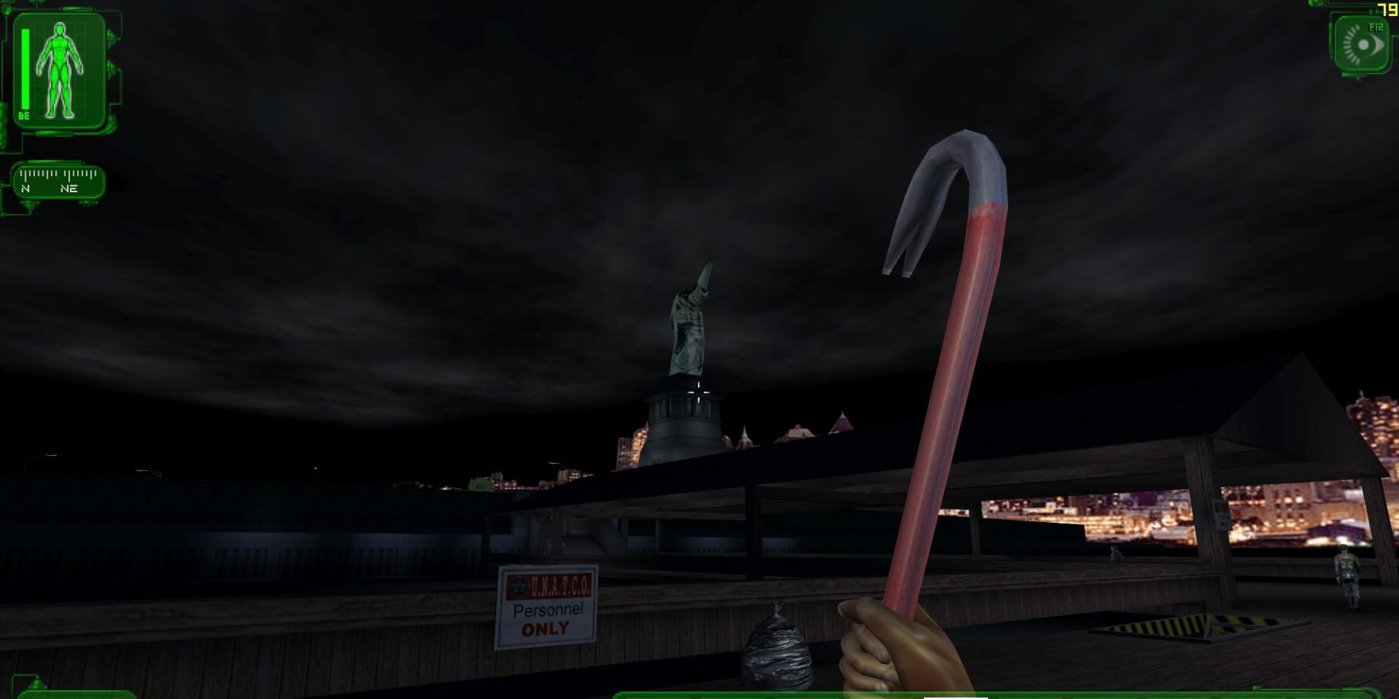 a view of the broken Statue of Liberty on Liberty Island, with a crowbar equipped