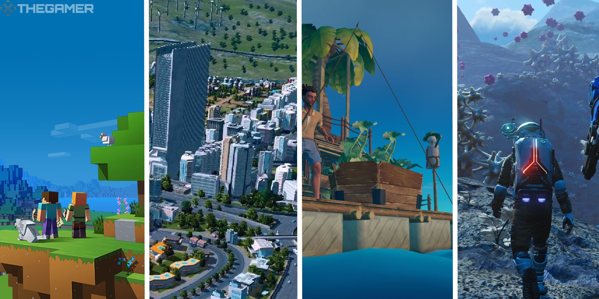 split image showing promotional art from minecraft, cities skylines, raft, and no mans sky