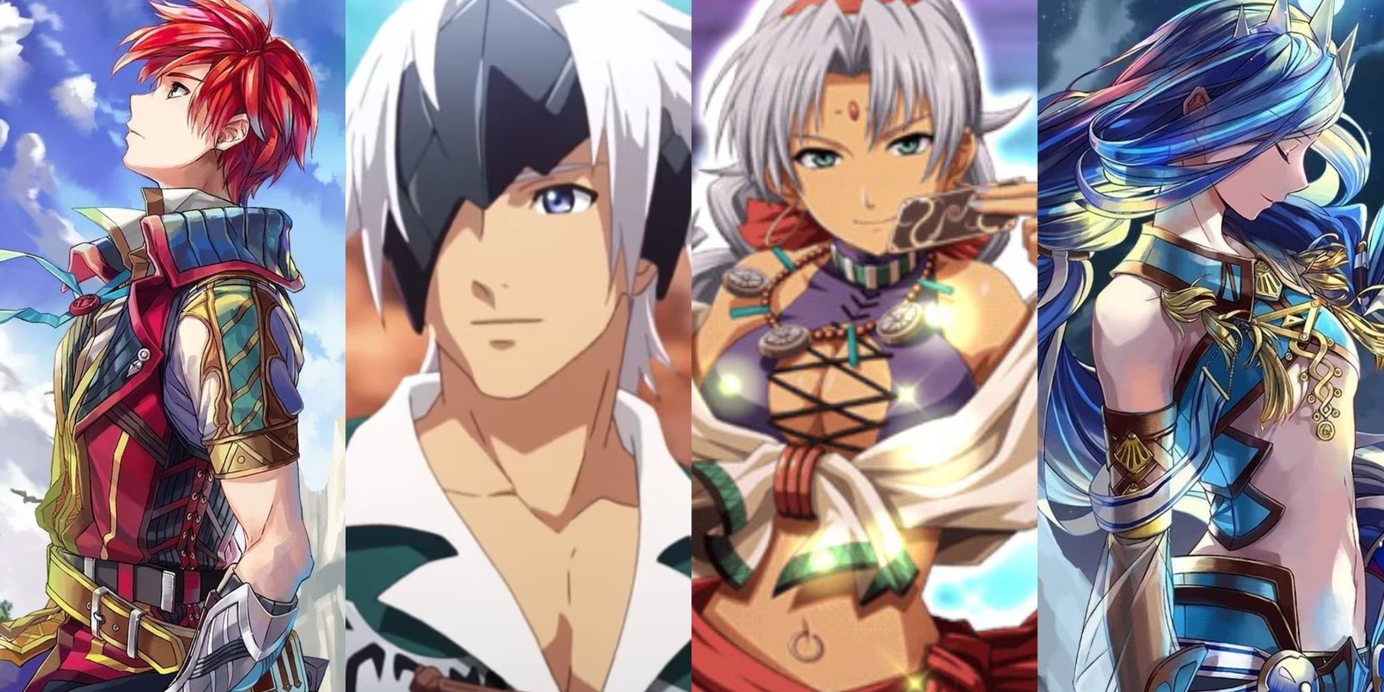 A collage of images showcasing characters from several games. On the far left is Adol Christin from Ys 8: Lacrimosa of Dana staring out into the open sea. Right beside him is Alphen from Tales of Arise, smiling and staring ahead. Beside him is Scherazard Harvey from The Legend of Heroes: Trials in the Sky FC Evolution, smiling and holding a card in one hand. Beside her and on the far right is Dana from Ys 8: Lacrimosa of Dana to bookend the image, as she smiles with her eyes closed, with her hea