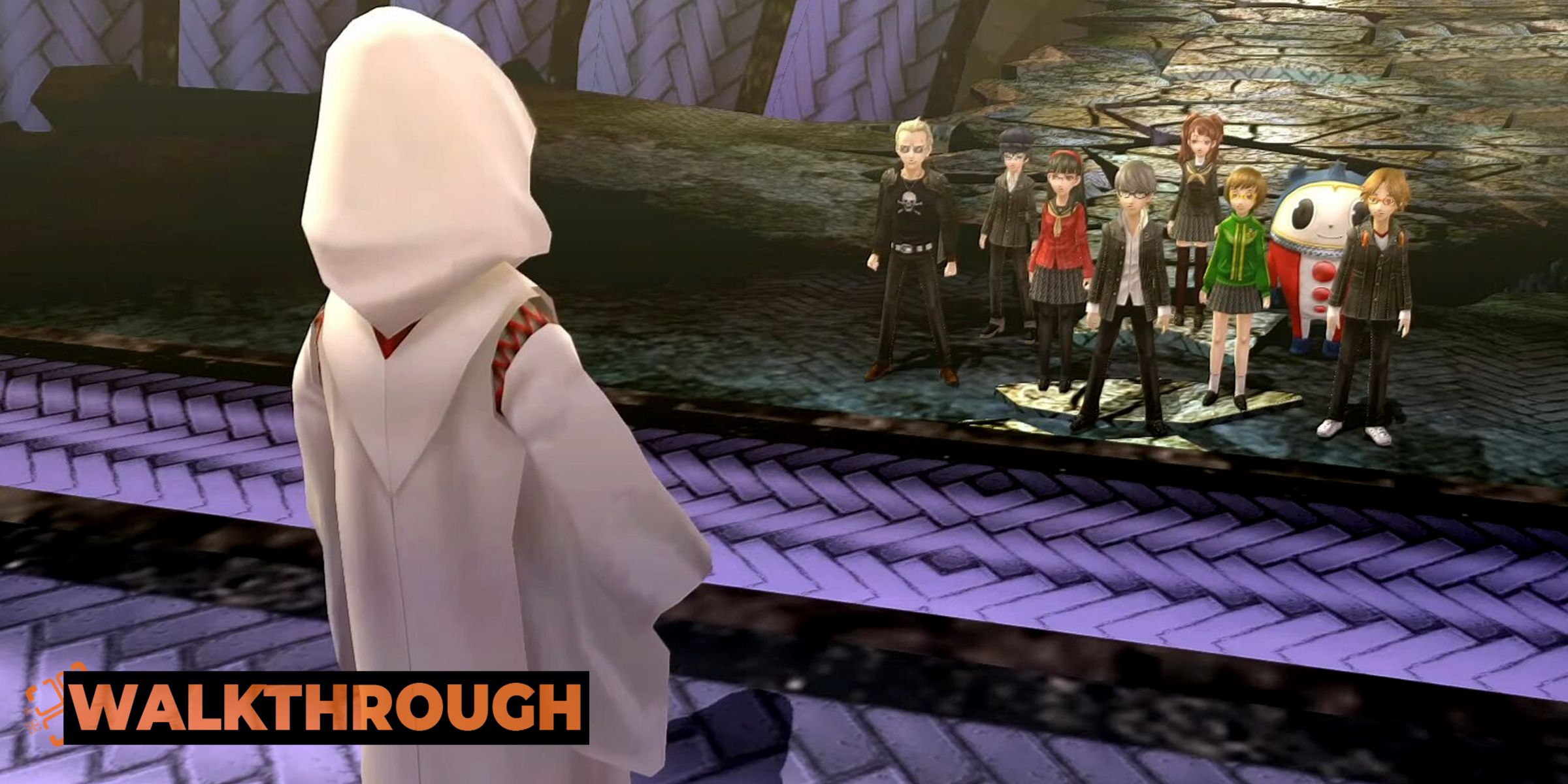 marie in a robe staring down at the investigation team in the hollow forest dungeon in persona 4 golden