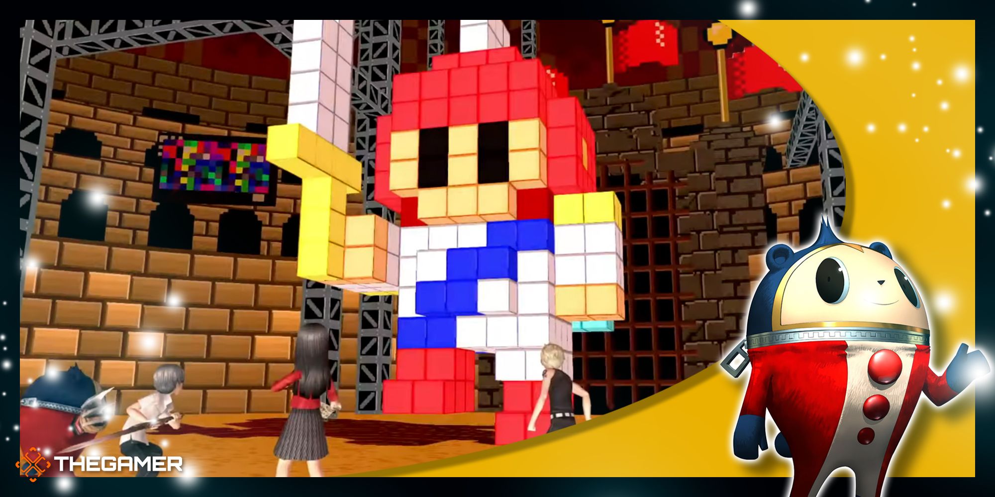 the 8-bit mitsuo the hero form of the boss fight with shadow mitsuo in persona 4 golden
