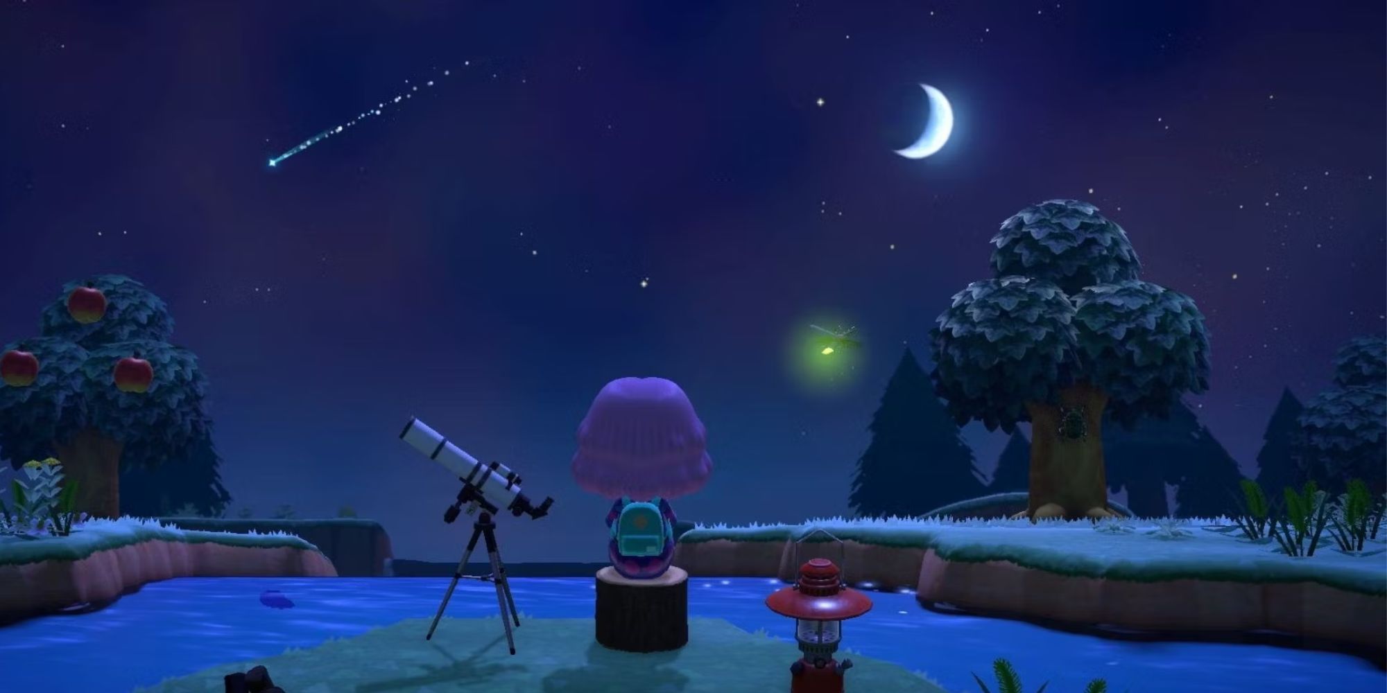 Animal Crossing player stargazing with a crescent-shaped moon in the foreground