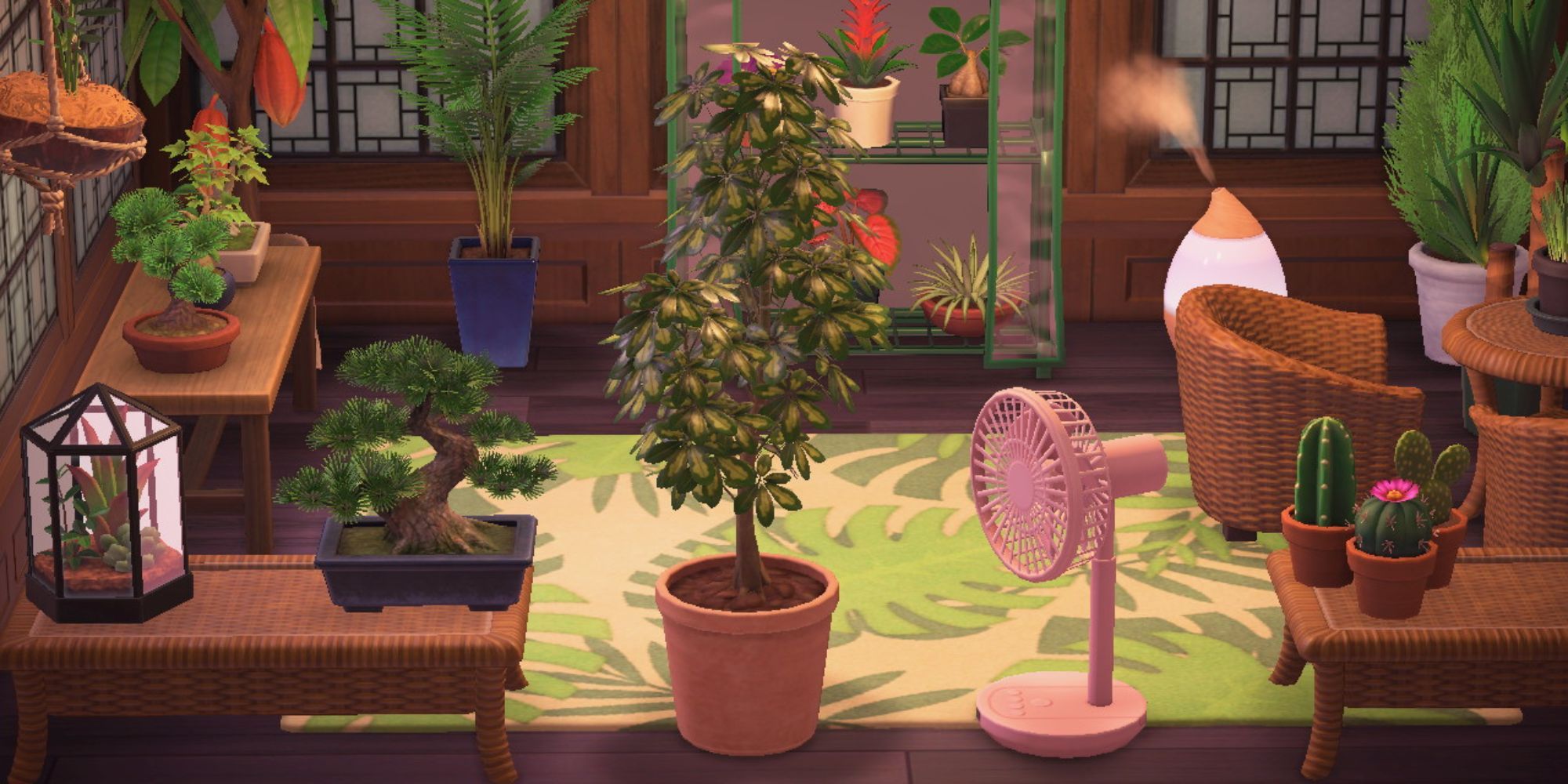 An Animal Crossing room filled with many plants with a fan pointing left