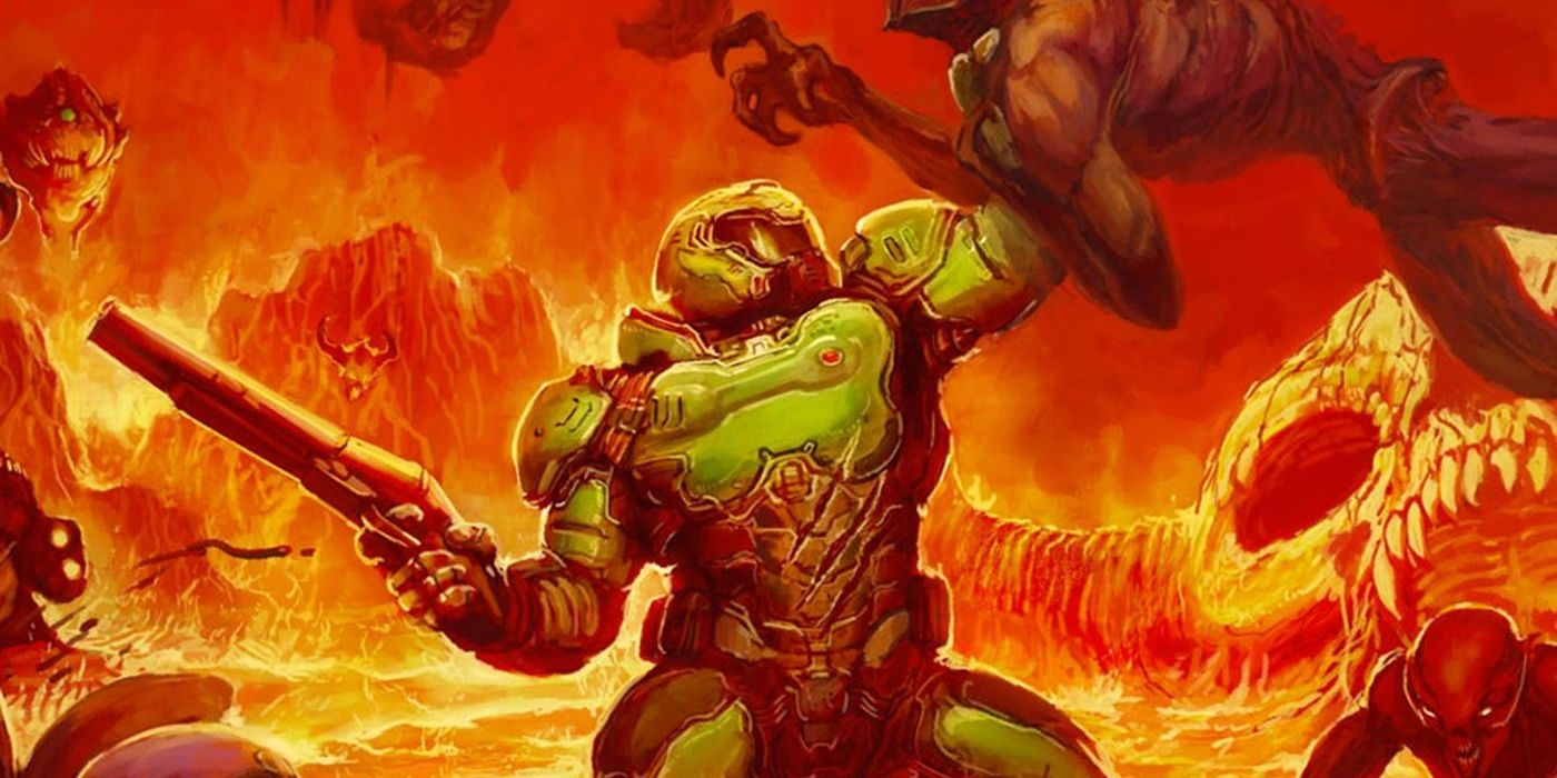 A closeup of the Doom Slayer from the reverse artwork to Doom 2016.