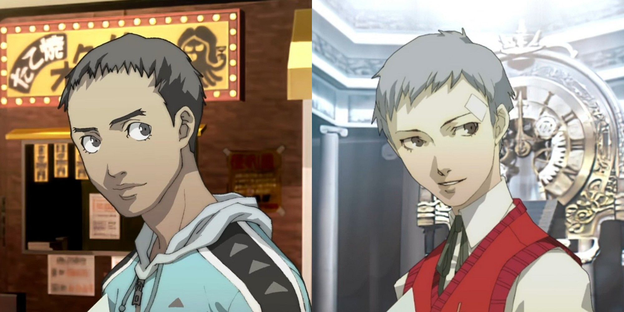 a collage of mamoru at the takoyaki stand and akihiko at the entrance to tartarus in persona 3 portable