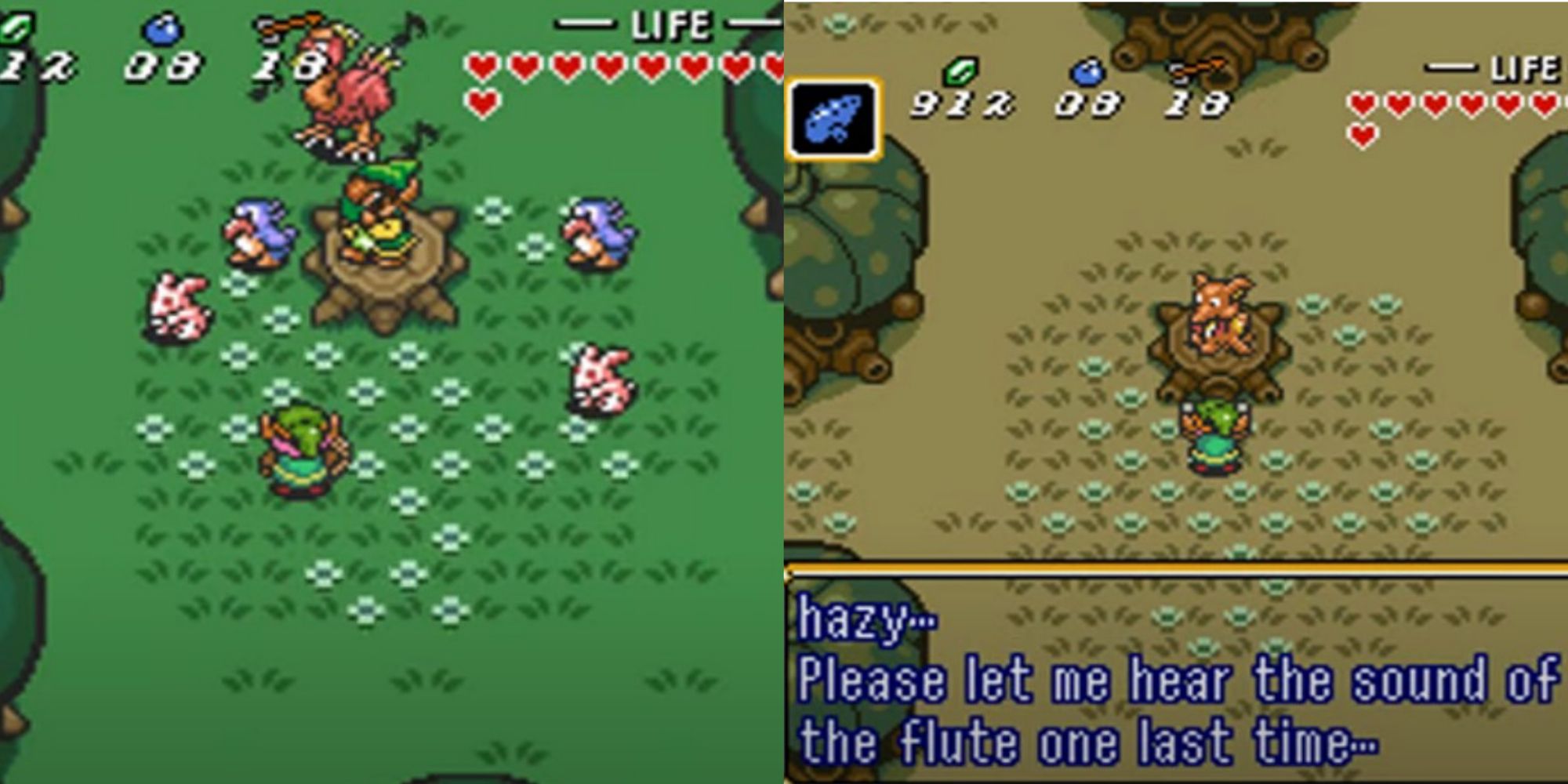 Split image screenshots of the Flute Boy surrounded by woodland animals in the Light World and Link speaking to the Flute Boy in the Dark World, who says, "Please let me hear the sound of the flute one last time."