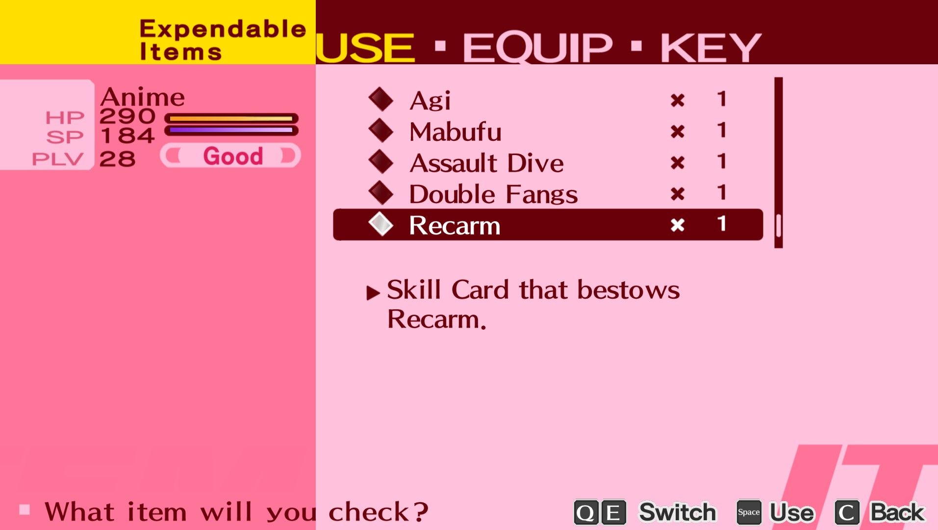 a list of skill cards in the female protagonist's inventory in persona 3 portable