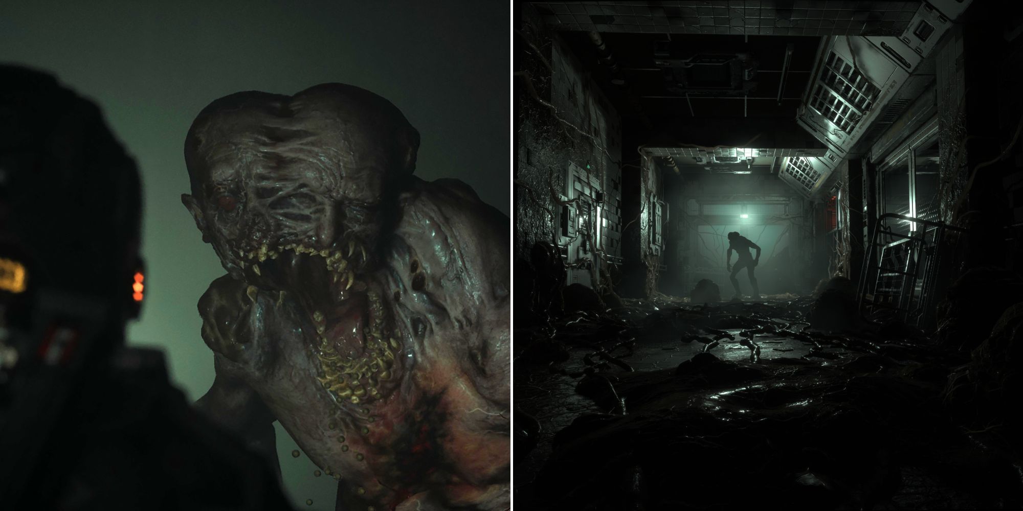 A Monster Up Close To The Player and Another Monster At The End Of A Dark Infested Corridor In The Callisto Protocol