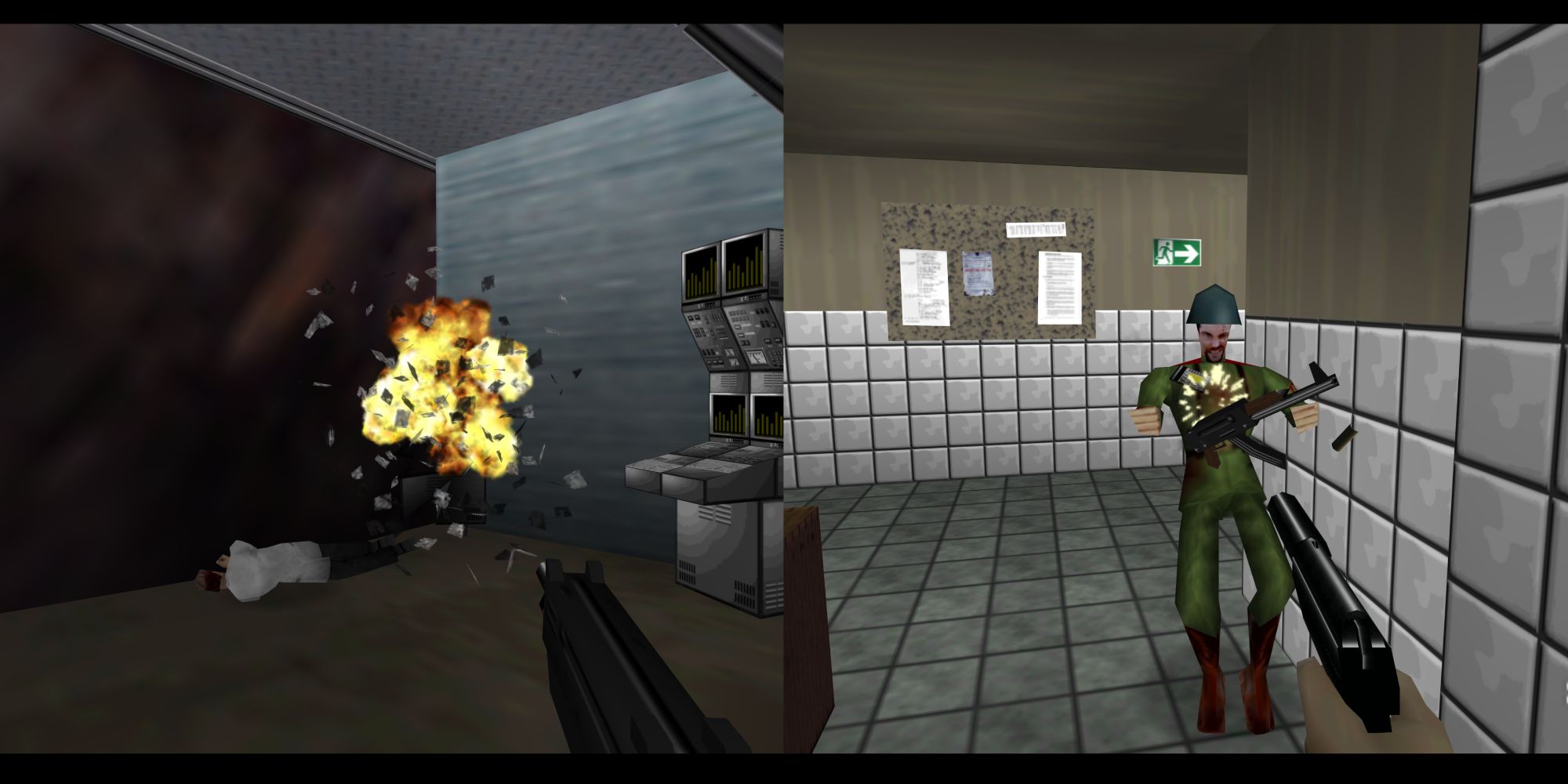 A scientist dying in the Caverns level and blasting the guard holding a keycard from Facility in GoldenEye 007.